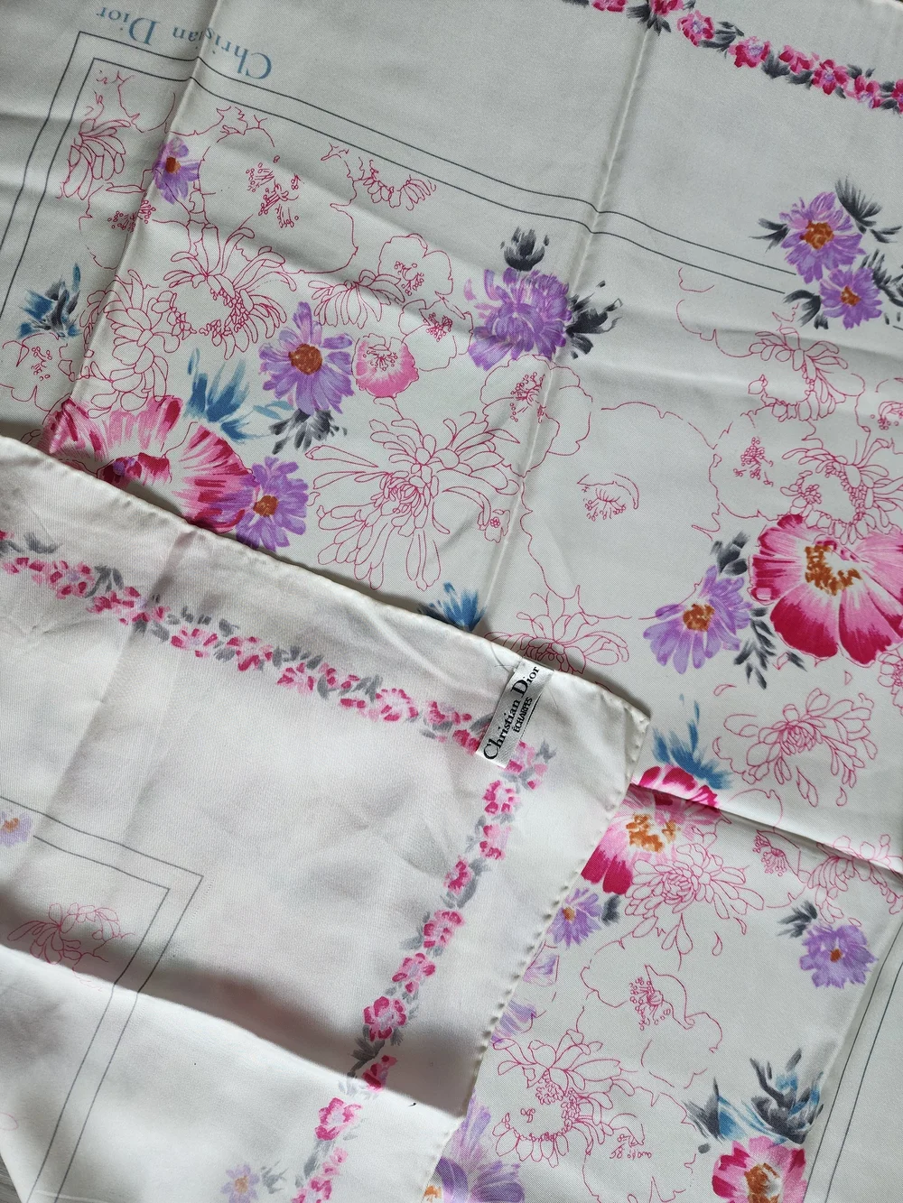 Auth Dior Floral Pink & Purple Blooms Silk Scarf